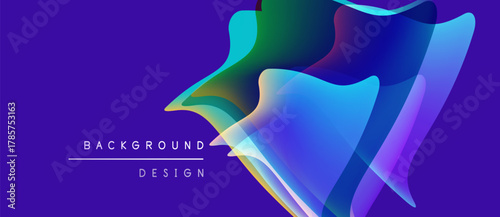 Abstract fluid shapes overlap, creating vibrant color gradients. Purple background enhances dynamic visual effect. Modern design element.