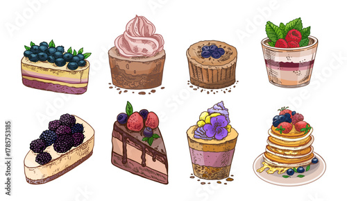 Hand drawn vintage dessert set with pancakes, cheesecakes, cupcakes, parfaits and berries in colorful sketch style