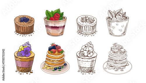 Hand drawn vintage dessert set with cupcakes, parfaits and pancakes with berries in color and monochrome version, isolated vector illustration