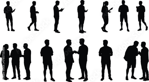 Silhouette people talking and using smartphones, digital communication, social interaction, teamwork discussion, technology lifestyle, online connection, 