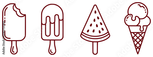 A Collection of Four Stylized Ice Cream Treats on Sticks and Cones
