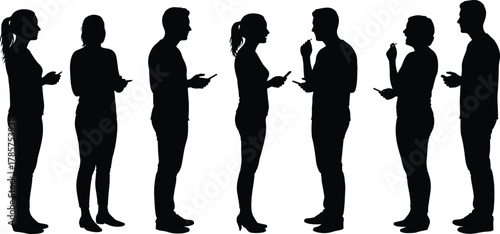 Silhouette people talking and using smartphones, digital communication, teamwork discussion, modern lifestyle, social interaction, technology concept, online connection, communication illustration