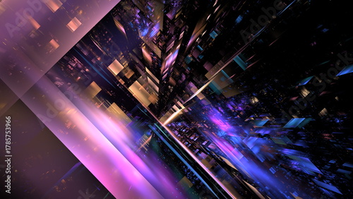 Fototapeta Naklejka Na Ścianę i Meble -  Vibrant colors and geometric forms create a stunning abstract composition. artwork conveys a sense of movement and depth in a futuristic digital space. 3d render