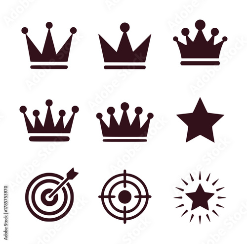 Collection of Crown, Star, and Target Icons on White Background