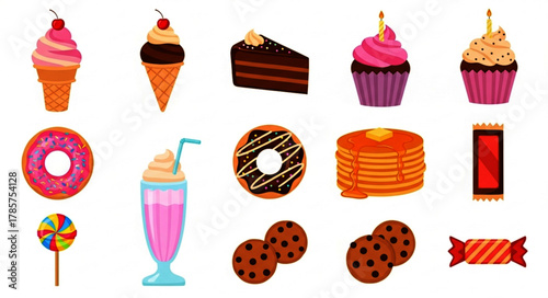 Dessert and Sweet Food Cartoon Icon Set – Flat Vector Design on White Background