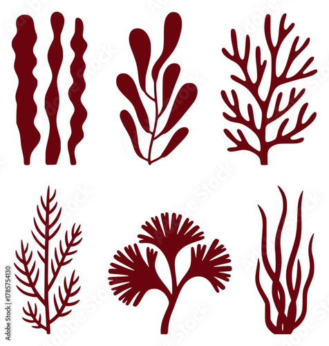 Collection of Six Stylized Red Seaweed Silhouettes