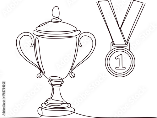 Minimalist Line Art of a Trophy and a Number 1 Medal