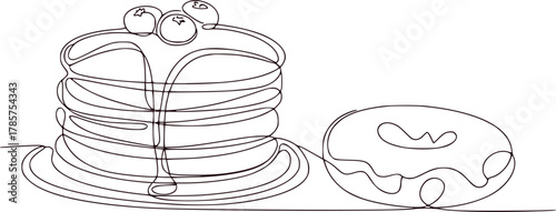 Minimalist Line Art of Pancakes with Blueberries and a Donut