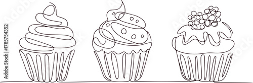 Minimalist Line Art of Three Delicious Cupcakes