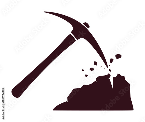 Silhouette of a pickaxe breaking rock, symbolizing mining and hard work