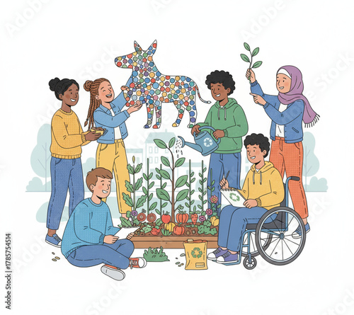 Illustration of a diverse group of young people collaborating in an urban community garden, planting for a sustainable future