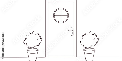 Simple Line Drawing of a Door with Potted Plants and a Circular Window