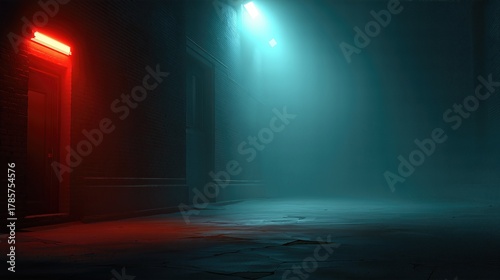 Moody Urban Alleyway Illuminated By Red And Blue Neon Lights In Fog. Mysterious Night Street Scene For Film Noir, Sci-Fi, Cyberpunk, Urban Visuals