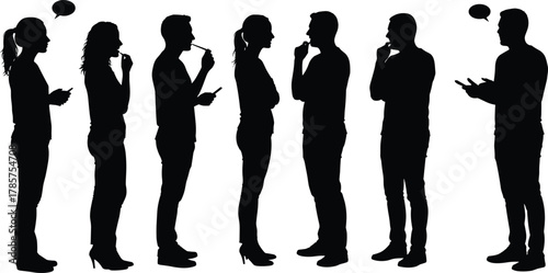 Silhouette people thinking and talking, communication concept, discussion idea, teamwork brainstorming, social interaction, decision making, business conversation, creative thinking illustration