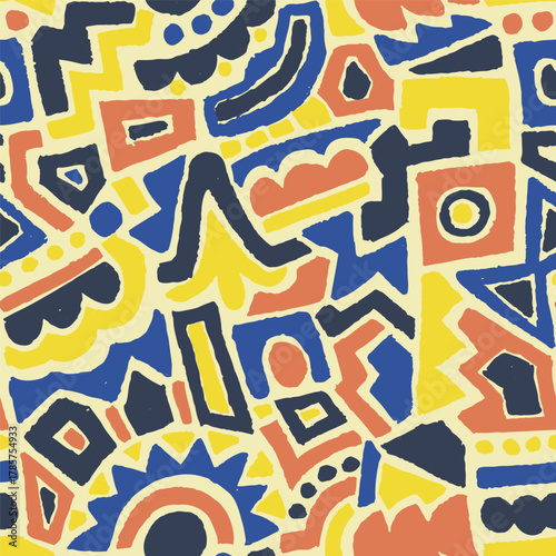 Seamless abstract vector pattern with bold geometric shapes in bright colors. Modern artistic design for textiles, wrapping, and backgrounds. Vector illustration.