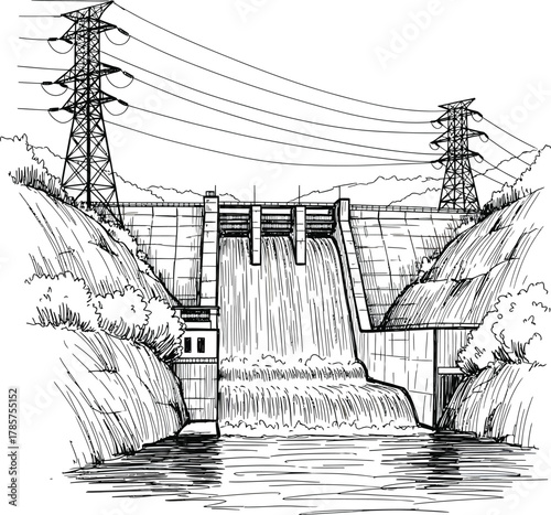 Hydroelectric dam illustration generating power with water and turbines eps silhouette