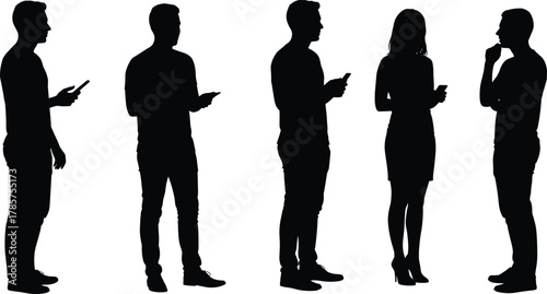 Silhouette people using smartphones and talking, digital communication concept, modern lifestyle, social interaction, technology addiction, online connection, human behavior illustration