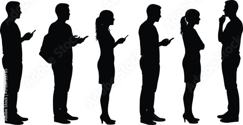Silhouette people using smartphones, digital communication, modern lifestyle, mobile addiction concept, social interaction, technology dependence, online connection, smartphone culture illustration
