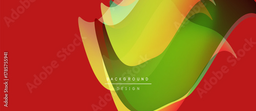 Abstract vibrant design features flowing shapes, gradients. Red background contrasts with yellow, green hues. Modern aesthetic.