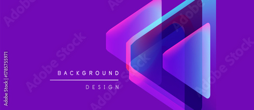 Abstract geometric shapes overlap purple gradient background. Modern design elements create dynamic visual effect. Minimalist style.