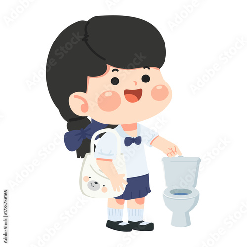 Cartoon Girl Using Toilet Properly Illustration