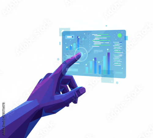 Futuristic technology interface displaying data analytics and interactive charts, human finger touching screen