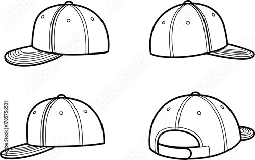Baseball cap technical drawing, flat vector illustration of snapback hat, CAD design template, adjustable cap mockup, fashion accessory outline, editable design