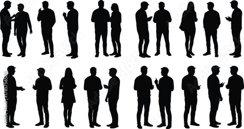 Silhouette people talking and communicating, teamwork discussion concept, social interaction, business communication, collaboration idea, 