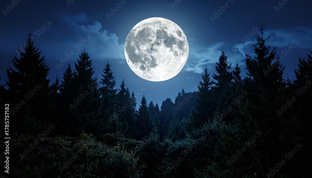 Fototapeta premium Bright full moon in the dark night sky over the forest with blue clouds, stars, and moonlight on the landscape
