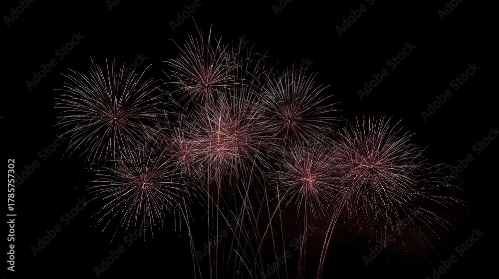 Fototapeta premium Colorful fireworks burst brightly in the night sky during a festive celebration, showcasing various patterns and colors above a dark backdrop