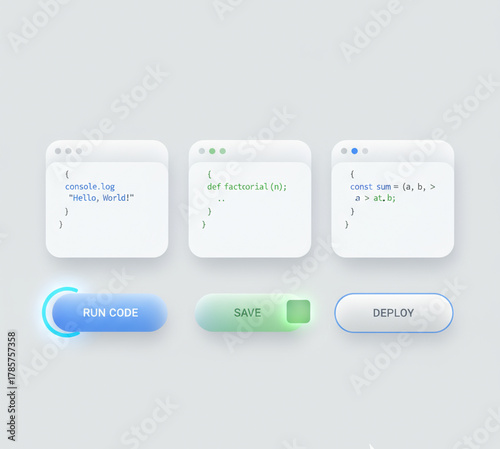 Development workflow illustration with code editor windows showing scripts and interactive buttons to run, save, and deploy applications online