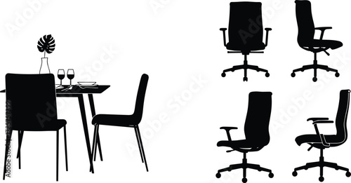 Silhouettes of dining table with chairs and office chairs, furniture illustration, interior design elements, modern seating arrangement, home and workplace decor