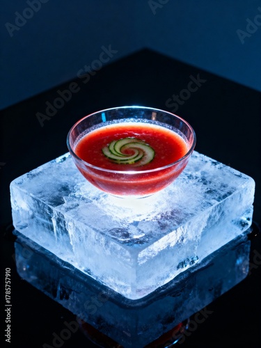 Chilled Tomato Gazpacho on a Glowing Ice Pedestal.