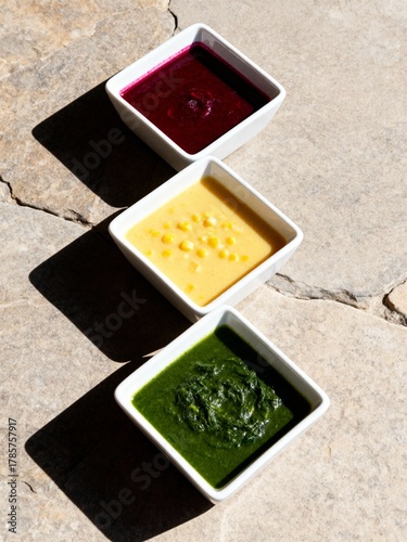 Vibrant Soup Trio: A Colorful Flight of Vegetable Purées.