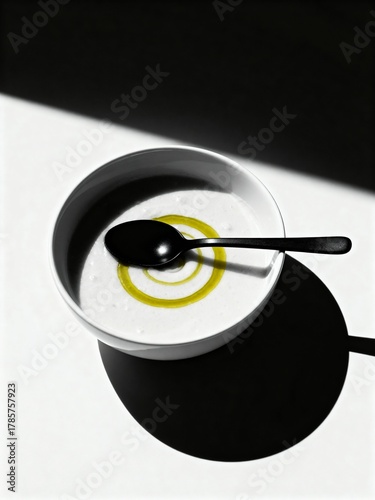 Zen in a Bowl: Minimalist White Soup with Olive Oil Swirl.