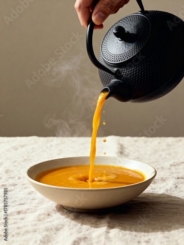 Zen of Service: Pouring Hot Carrot Ginger Soup from a Teapot.