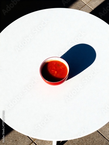 Solitude in a Bowl: Minimalist Tomato Soup on a White Table.