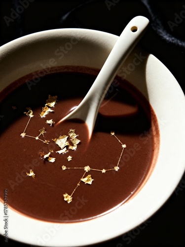 Cosmic Chocolate Soup with Golden Constellations. A celestial dessert.