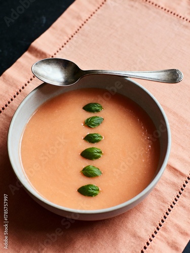 Elegant Chilled Melon Soup with Fresh Basil. A refreshing summer starter.