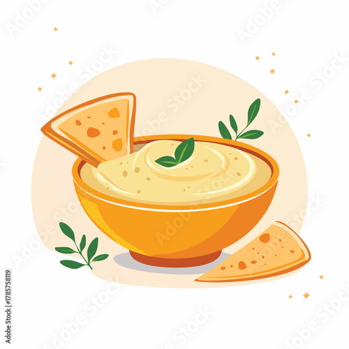 Appetizing vector illustration of creamy golden dip in an orange bowl, accompanied by crisp snack triangles and fresh garnish, ideal for food, recipe, appetizer designs