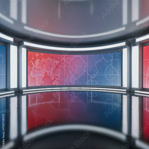 Curved News Studio with LED World Map Screens – Modern Broadcast Set Background