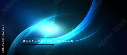 Dark blue abstract background. Bright neon lines create dynamic curves, glowing effect. Text reads background design. Modern, sleek visual.