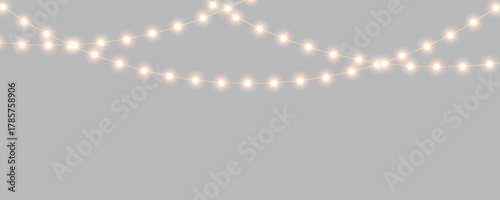 Christmas lights with glowing bulbs. Bright garland decoration for holiday. Gold Christmas and New Year bright garlands, led light strips