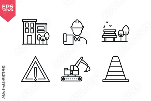 Set of line icons related to building, traffic cone, excavator, alert sign, . Editable stroke. Vector illustration