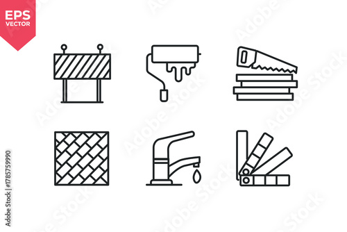 Set of line icons related to brick work, hand saw,  under construction, paint brush, water, color matching. Editable stroke. Vector illustration