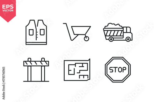 Set of line icons related to safety clothes, wheel barrow, dump truck, under construction, stop. Editable stroke. Vector illustration