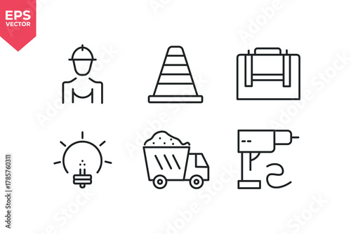 Set of line icons related to engineer, traffic cone, dump truck, tool box, electricity, drill. Editable stroke. Vector illustration