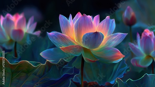 Beautiful glowing lotus flowers in a serene pond during twilight, showcasing vibrant colors and natural beauty