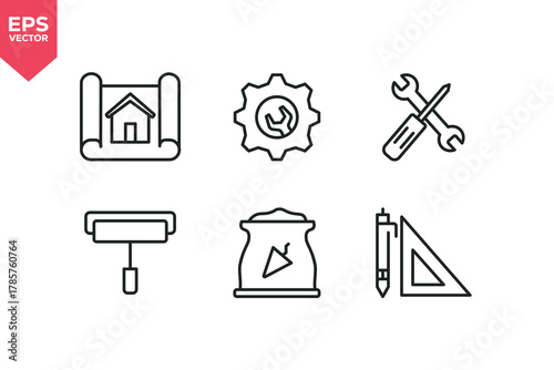Set of line icons related to maintenance, pencil ruler, cement, blueprint, paint roller, renovation. Editable stroke. Vector illustration
