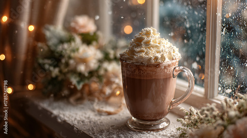 Christmas hot chocolate mug with whipped cream by window 